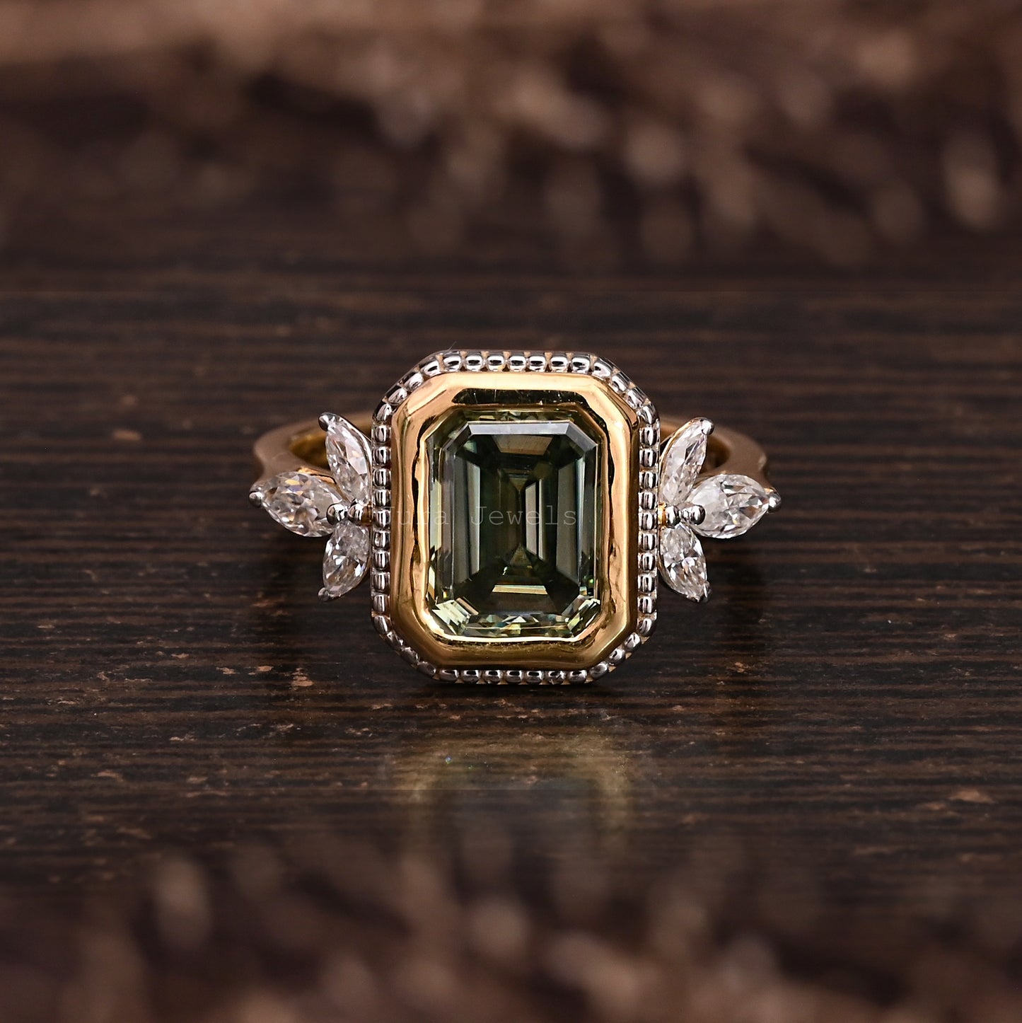 Bezel Green Emerald Cut Moissanite Engagement Ring