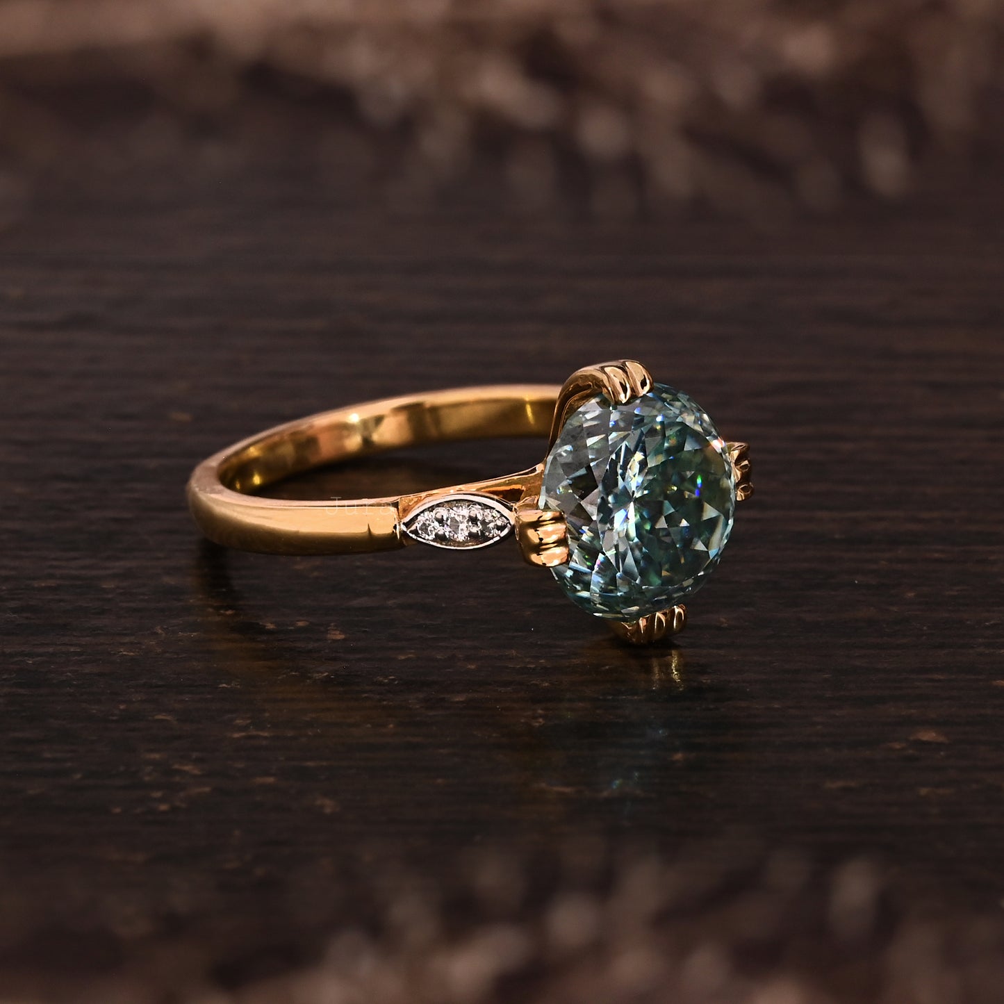 Green Portuguese Round Cut Moissanite Engagement Ring For Her