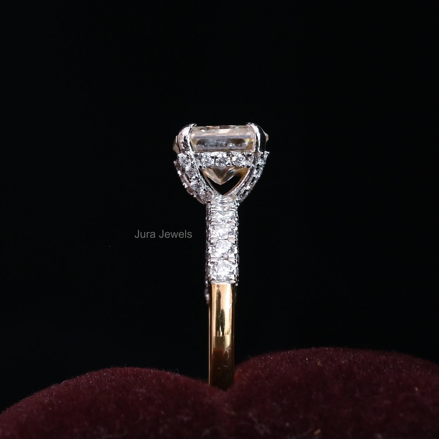 HIdden Halo Lemon Yellow Cushion Cut Moissanite Engagement Ring