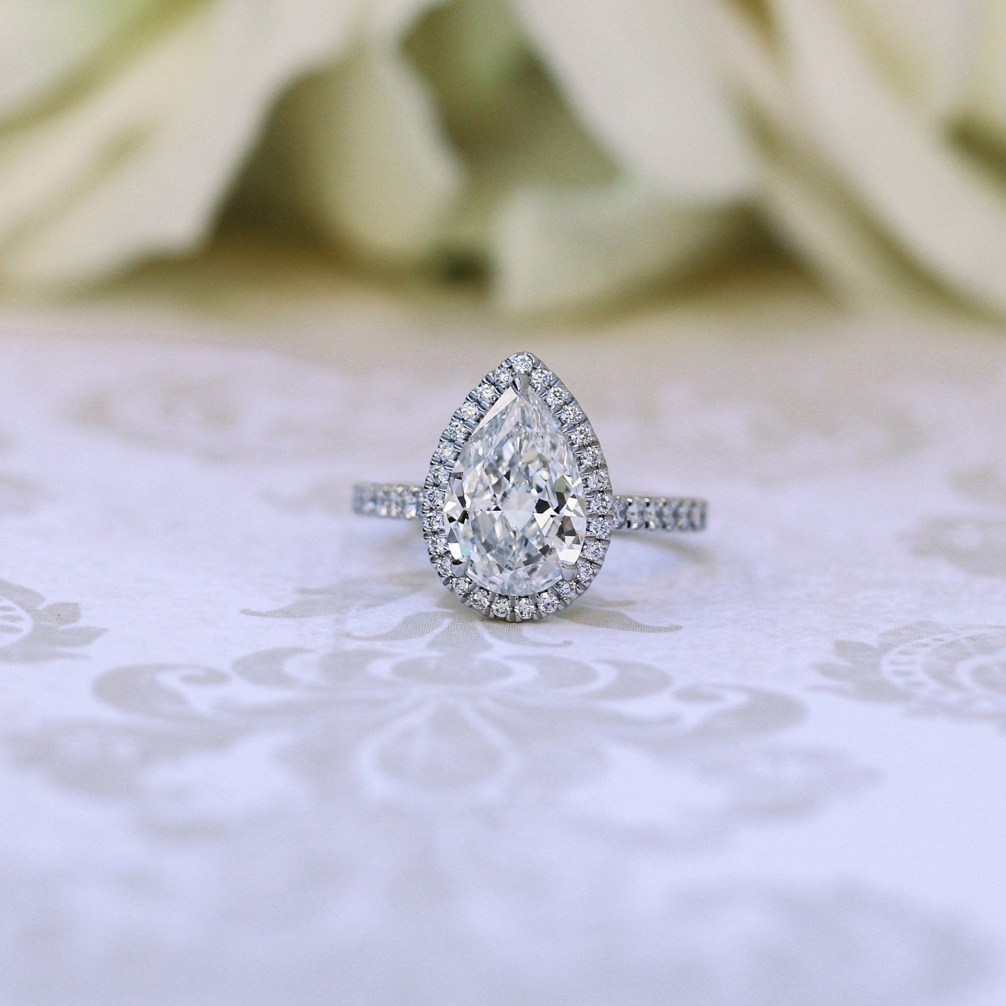Halo Pave Pear Cut Moissanite Engagement Ring For Her
