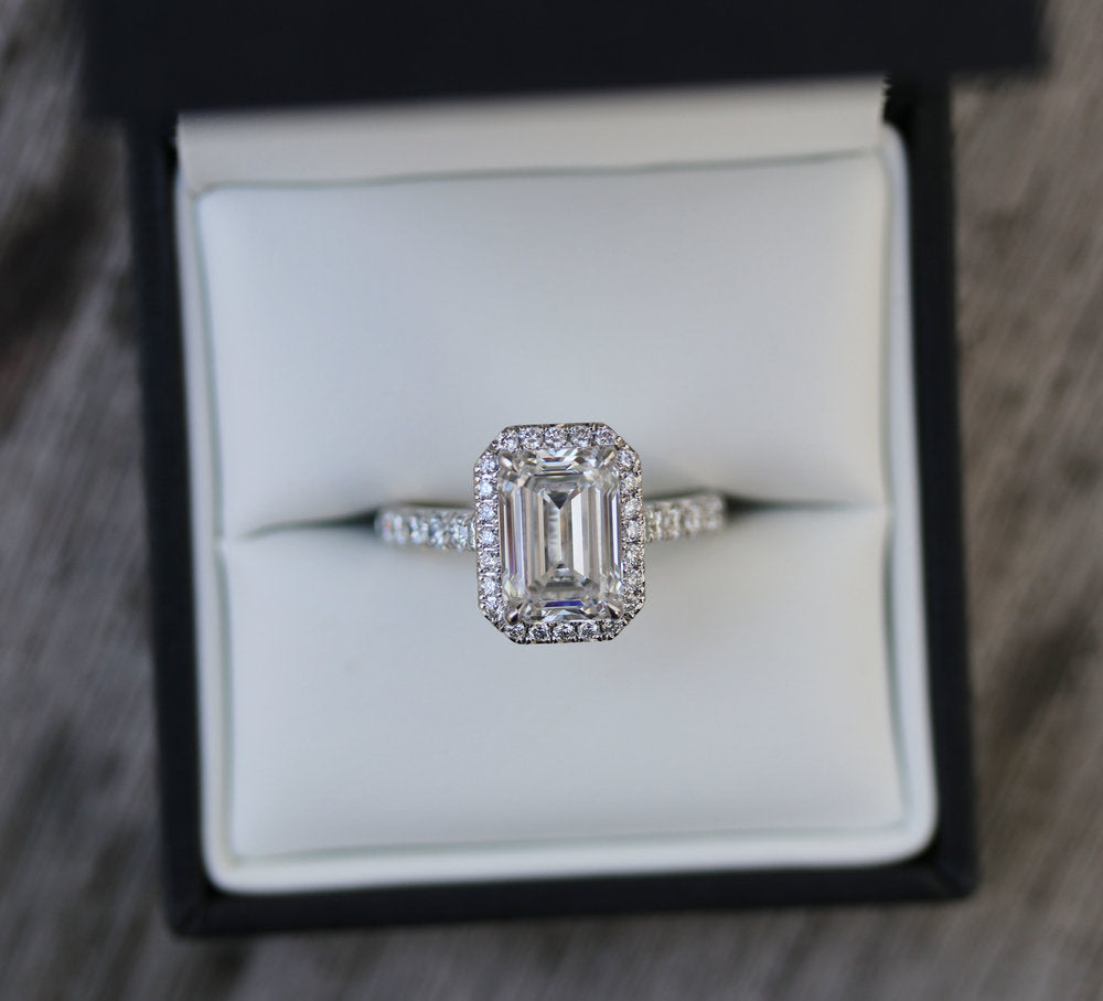 Halo Paved Emerald Cut Moissanite Anniversary RIng For Her