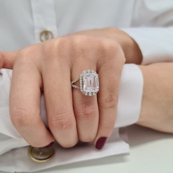 Halo Emerald Cut Moissanite Split Anniversary Ring For Her