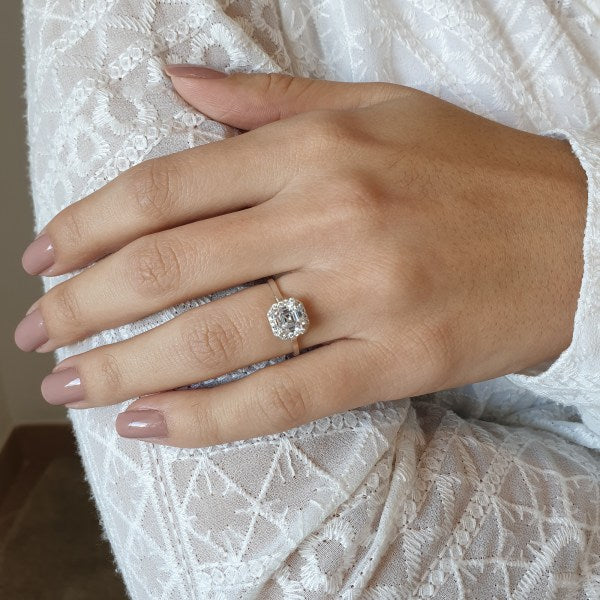 Solitaire Halo Asscher Cut Moissanite Personalized Ring Gift For Her