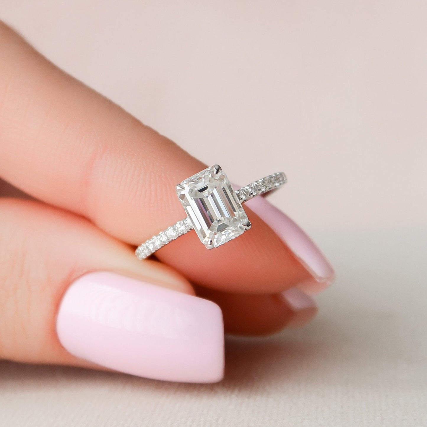 Hidden Halo Emerald Cut Moissanite Engagement Ring