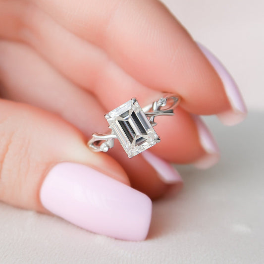 Unique Stunning Emerald Cut Moissanite Engagement Ring