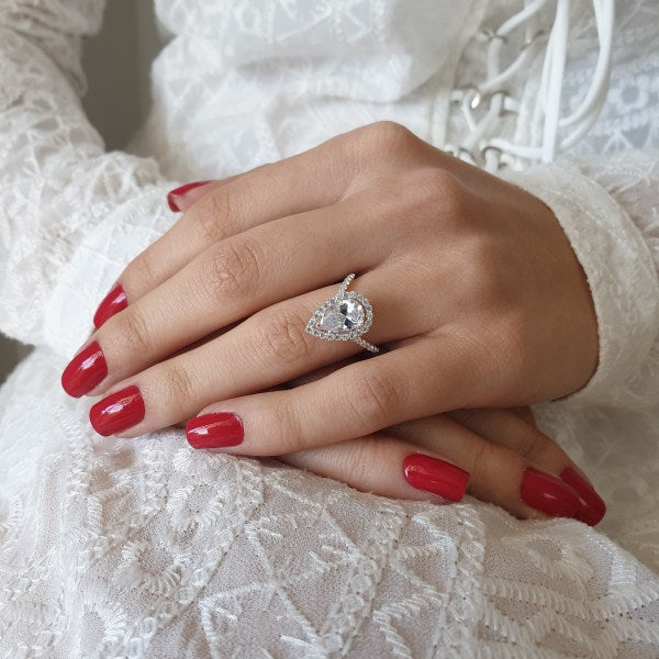 Halo Pear Cut Chevron Moissante Wedding Bridal Ring For Her