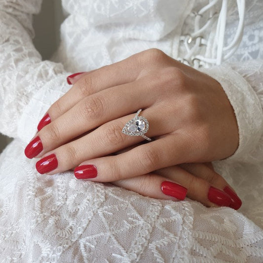 Halo Pear Cut Chevron Moissante Wedding Bridal Ring For Her