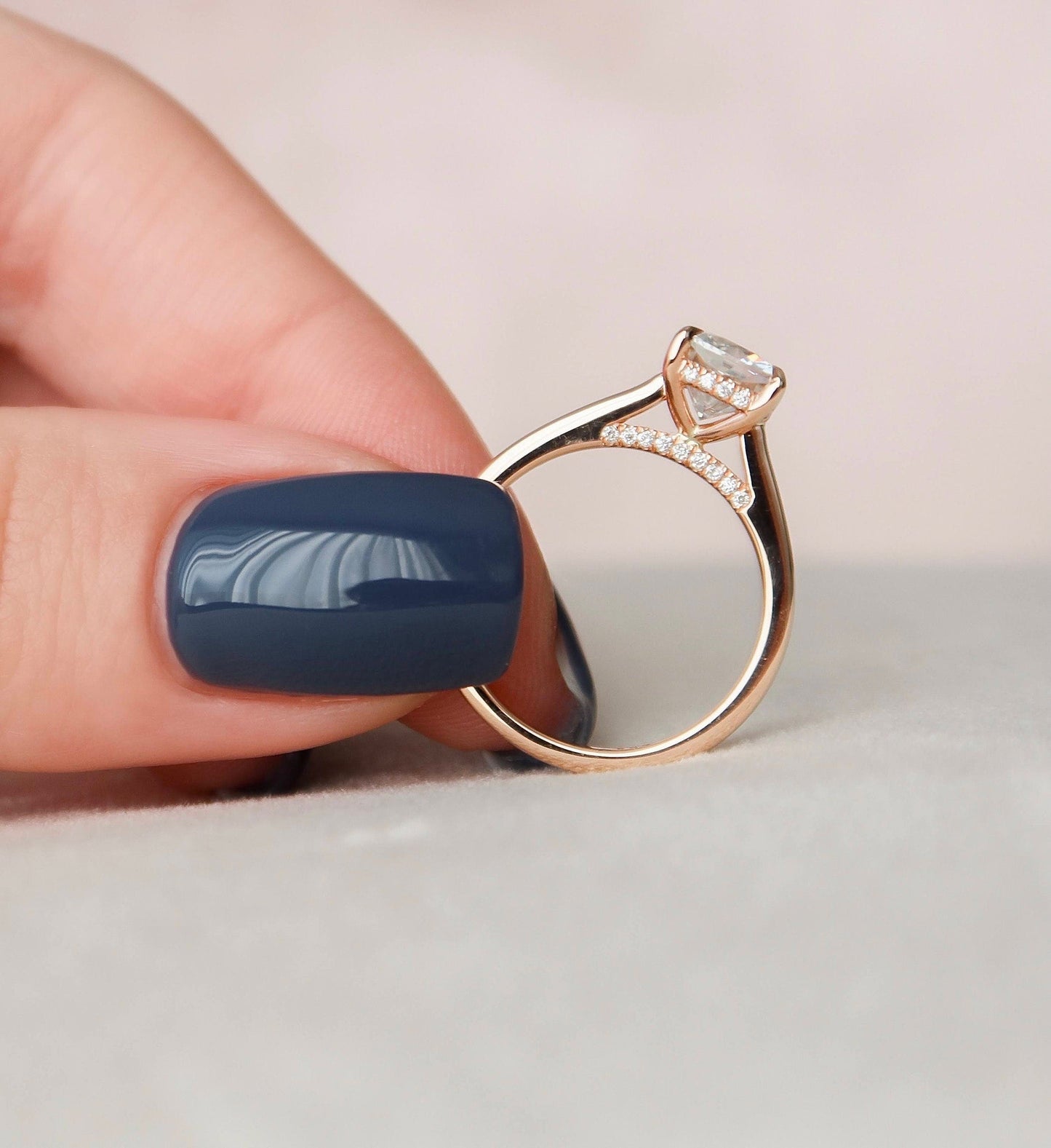 Solitaire Cushion Cut Hidden Halo Moissanite Wedding Ring