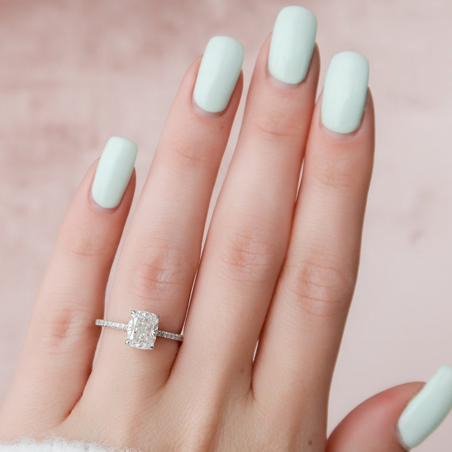 Hidden Halo Cushion Cut Moissanite Diamond Paved Wedding Ring