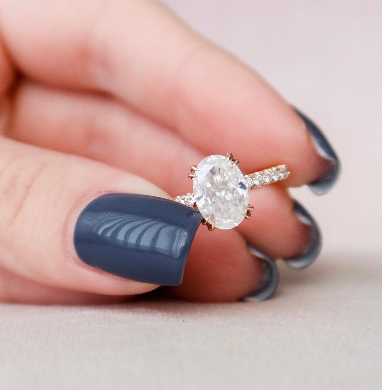 Double Prongs Oval Cut Moissanite Hidden Halo Bridal RIng