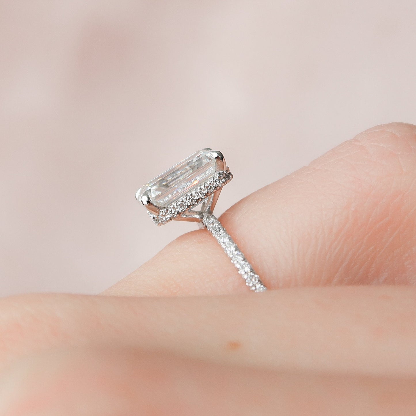 Hidden Halo Emerald Cut Moissanite Paved Engagement Ring