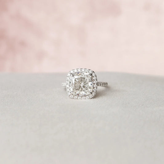 Unique Hidden Halo Cushion Cut Moissanite Statement Ring - JURA JEWEL