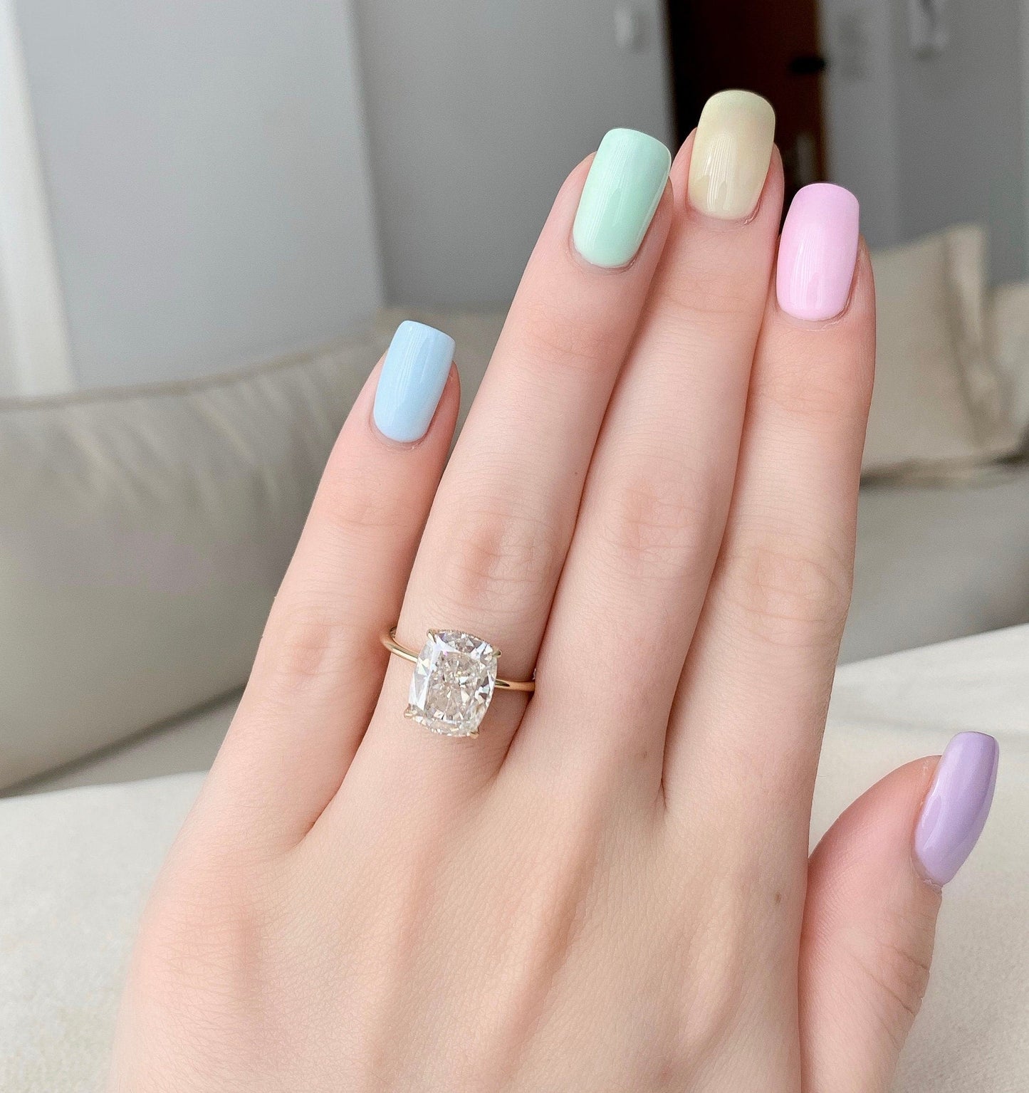 Solitaire Hidden Halo Cushion Cut Moissanite Engagement Ring