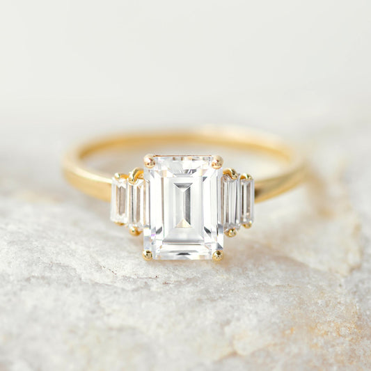 Unique Multi-Stone Emerald Cut Moissanite Engagment Ring For Her