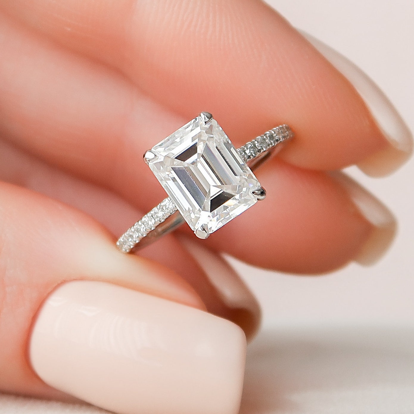 Hidden Halo Emerald Cut Moissanite Paved Engagement Ring