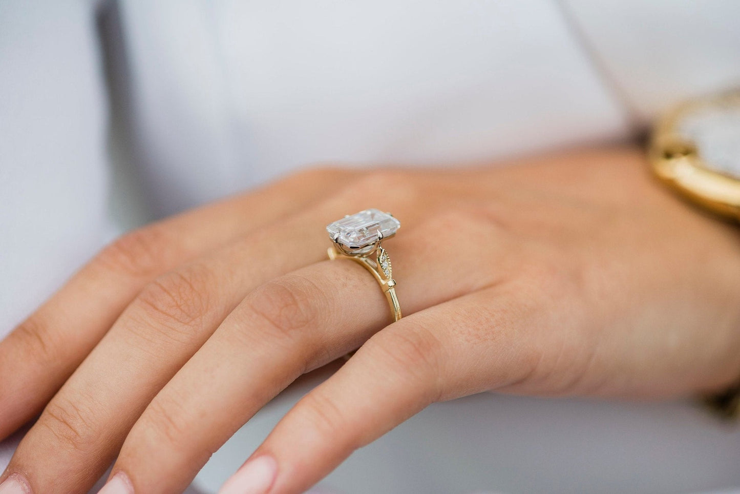 Long Solitaire Emerald Cut Moissanite Engagement Ring For Her