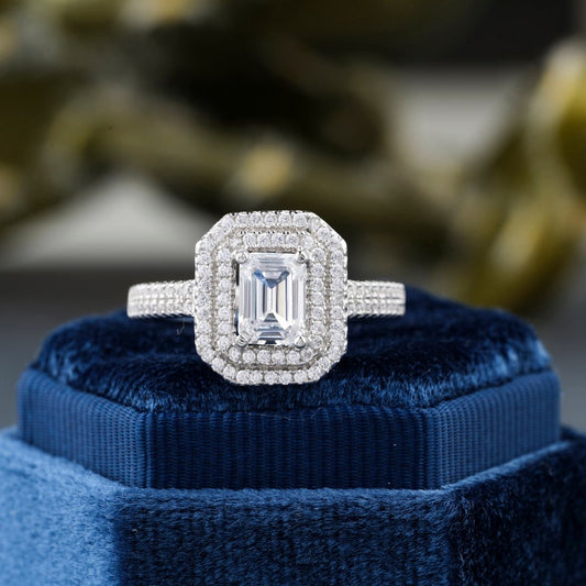 Double Halo Emerald Cut Moissanite Engagement Ring For Her