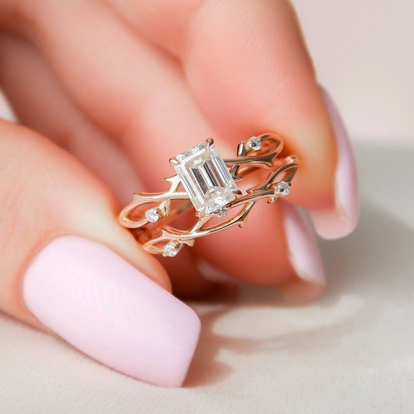 Twing Emerald Cut Moissanite Engagement Ring Bridal Set