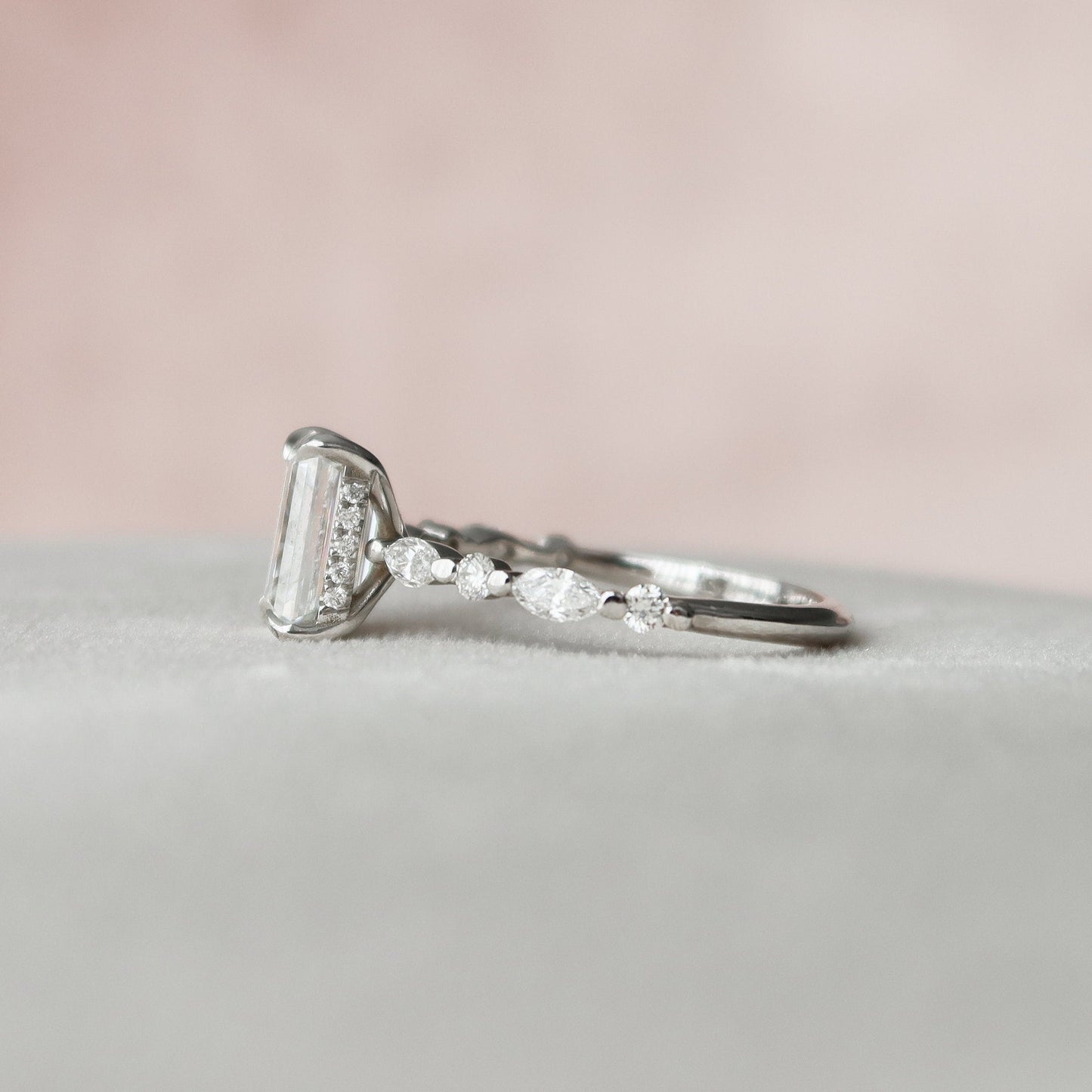 Hidden Halo Emerald Cut Moissanite Engagement Ring For Her