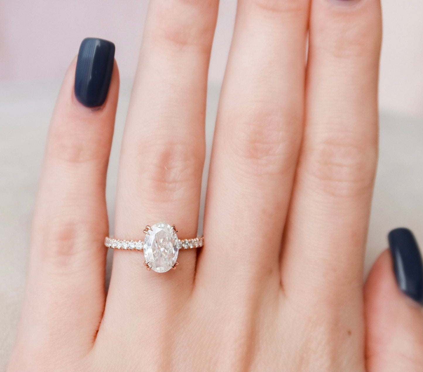 Double Prongs Oval Cut Moissanite Hidden Halo Bridal RIng