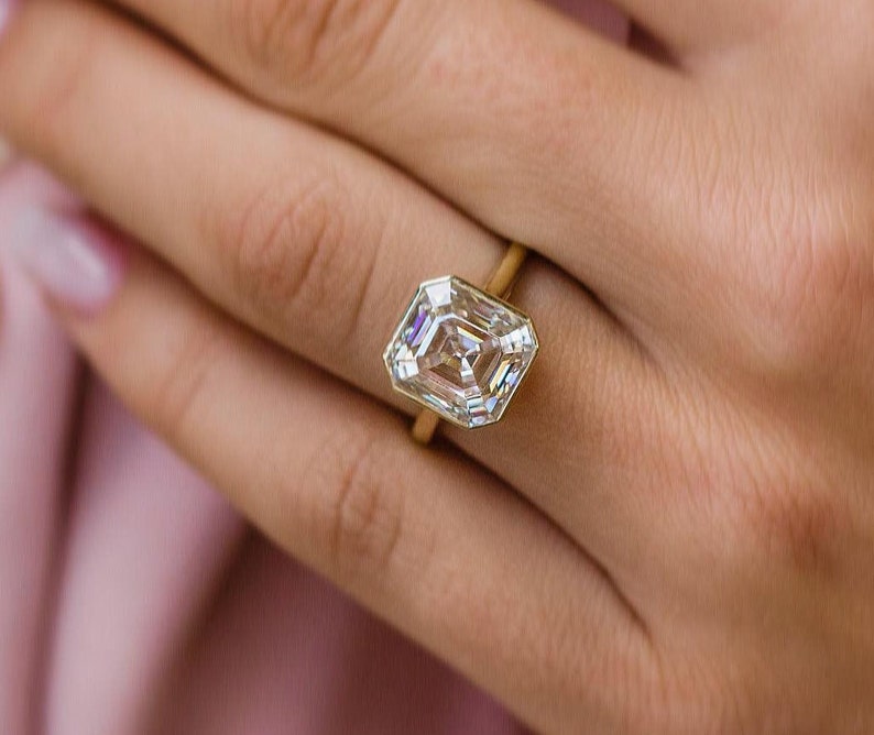 Solitaire Bezel Asscher Cut Moissanite Engagement Ring For Her