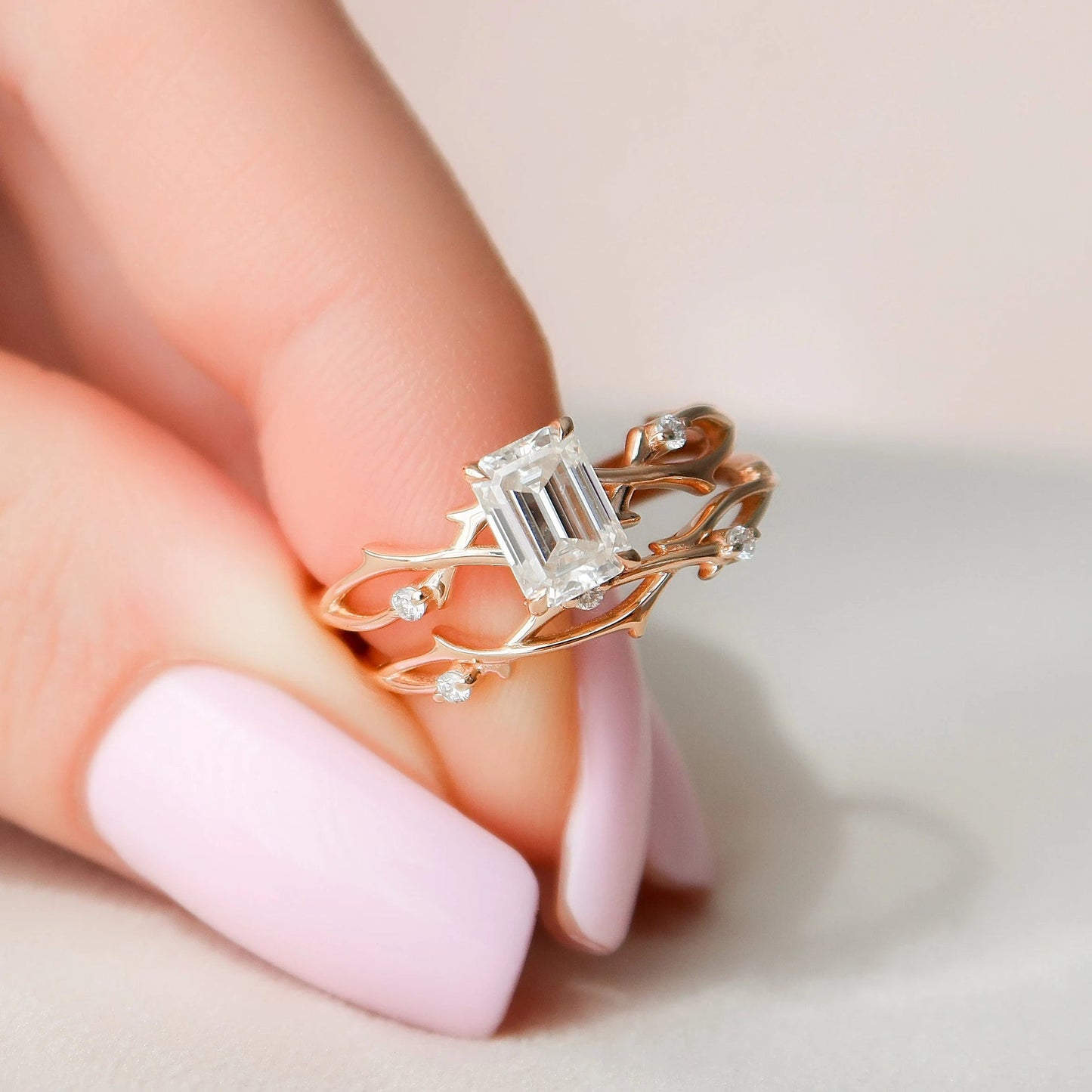 Twing Emerald Cut Moissanite Engagement Ring Bridal Set