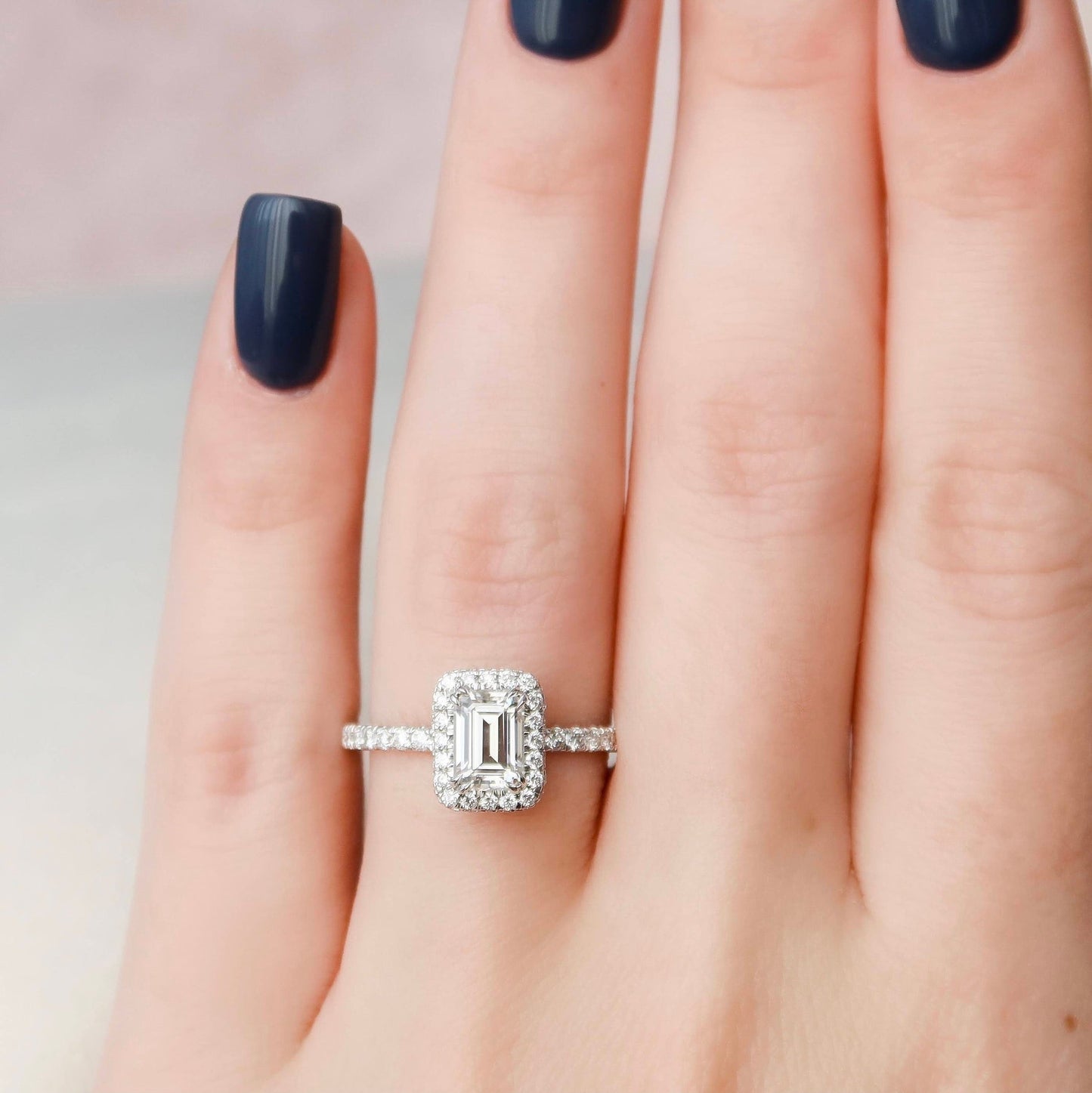Unique Halo Emerald Cut Moissanite Engagement RIng For Her
