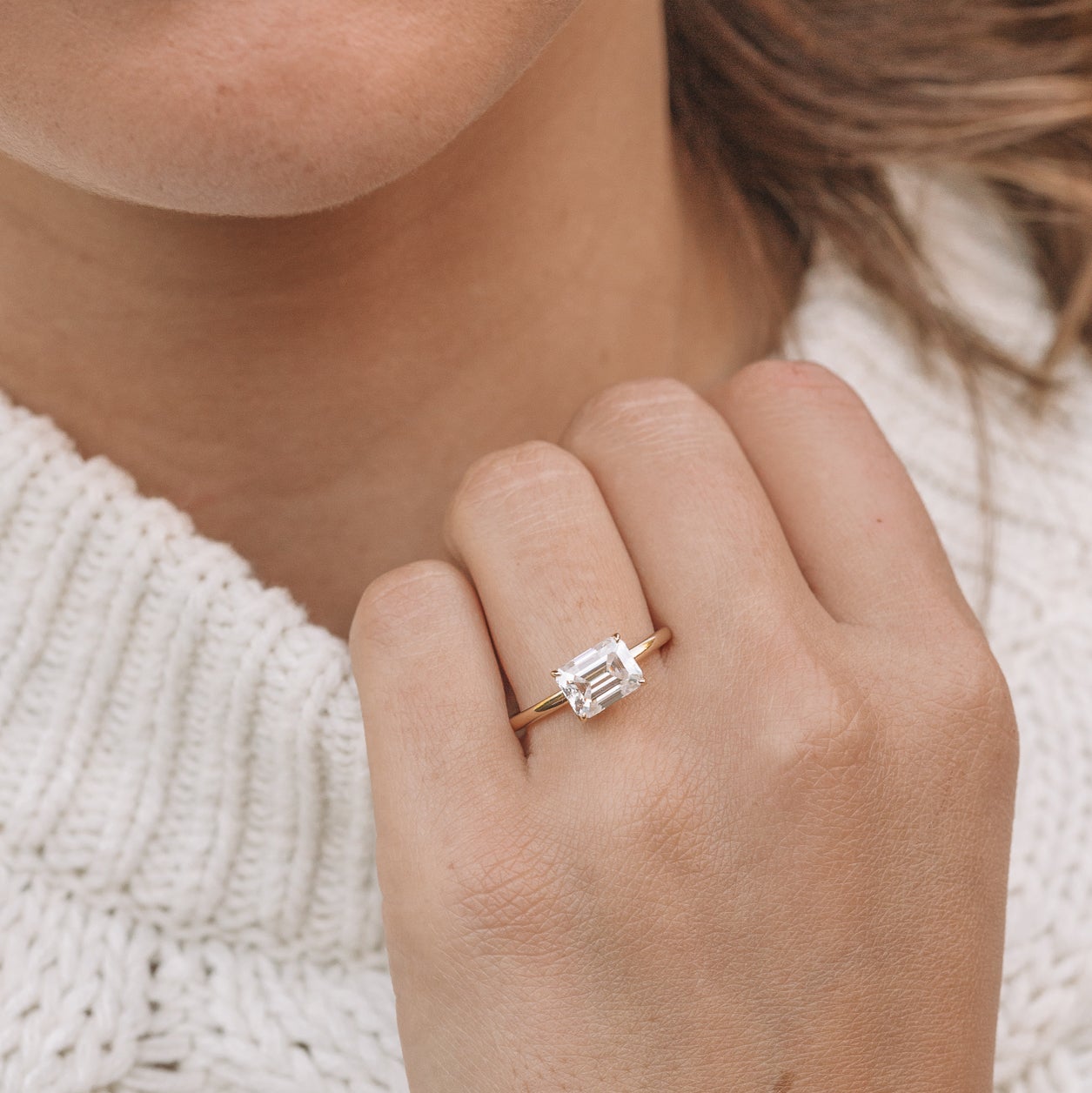 Solitaire East-West Emerald Cut Moissanite Engagement Ring For Her