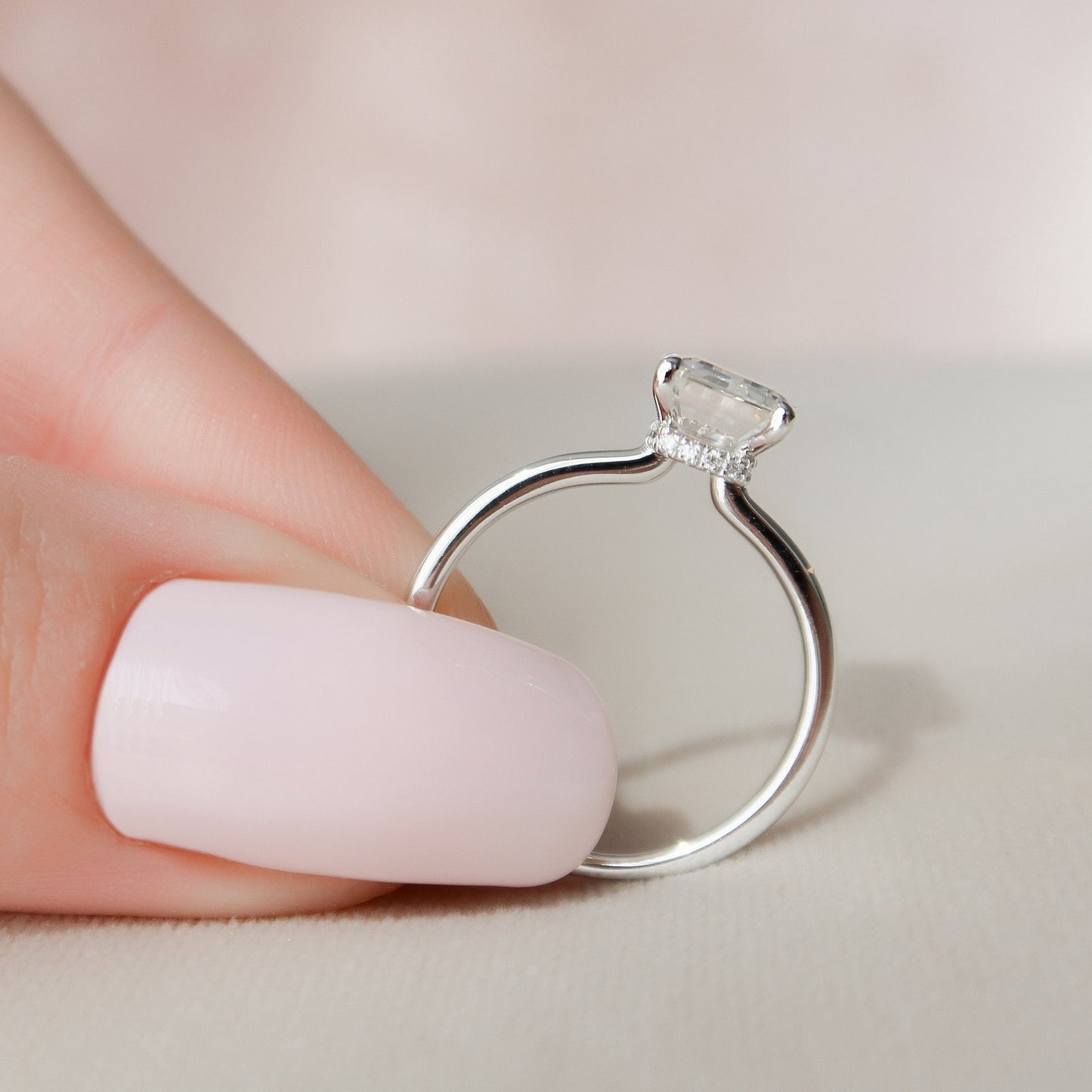 Hidden Halo Solitaire Emerald Cut Moissanite Anniversary Ring