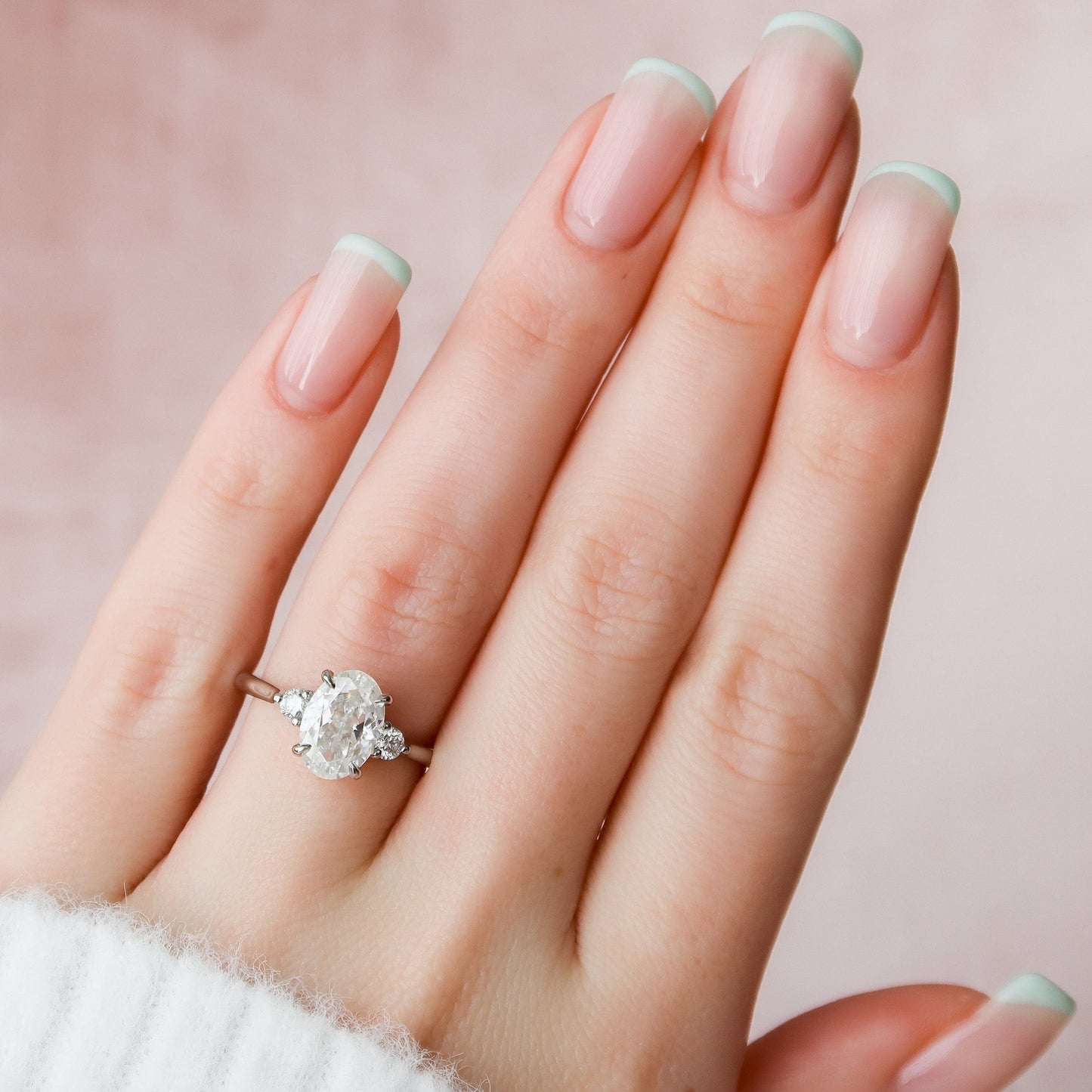 Three Stone Oval Cut Moissanite Hidden Halo Ring For Him