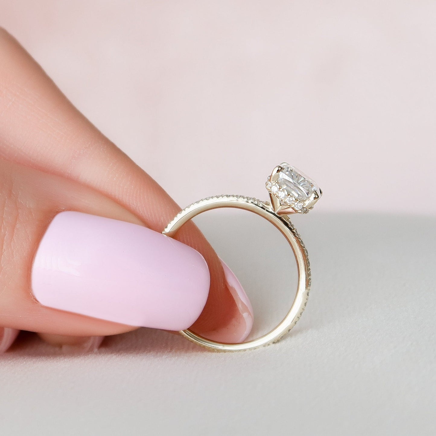 Hidden Halo Cushion Cut Moissanite Diamond Paved Wedding Ring