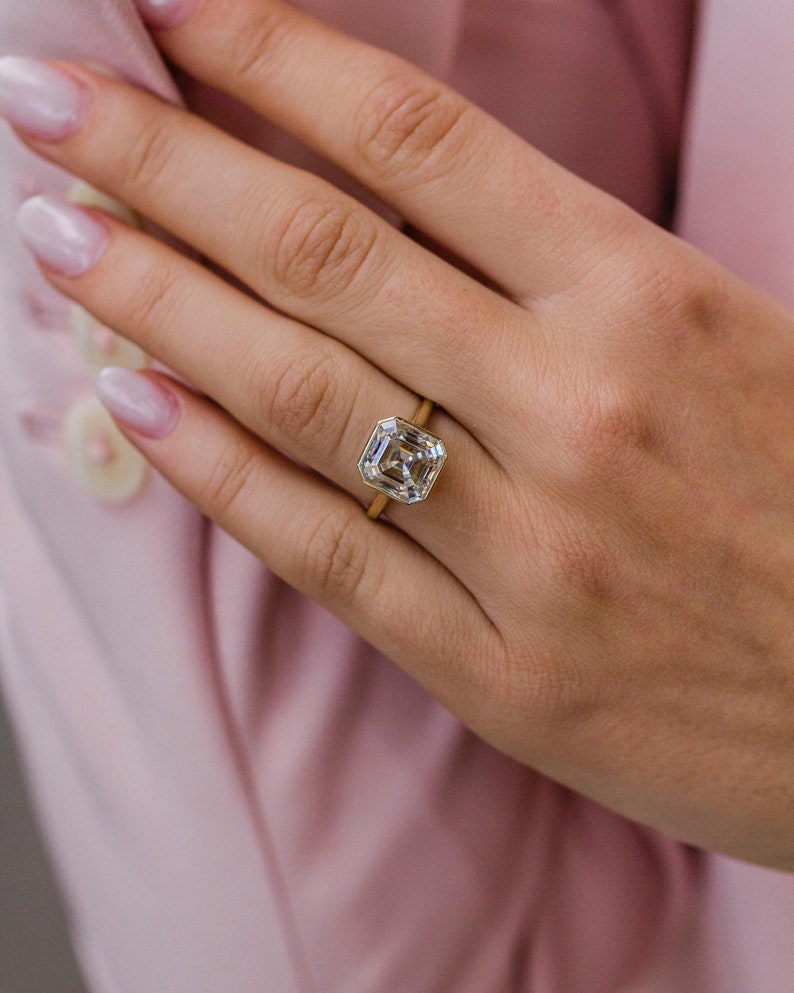 Solitaire Bezel Asscher Cut Moissanite Engagement Ring For Her
