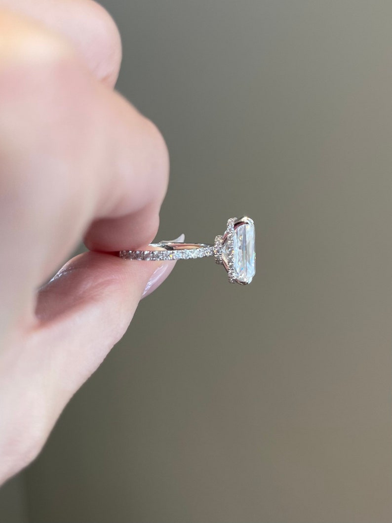 Unique Double Hidden Halo Radiant Cut Moissanite Engagement Ring