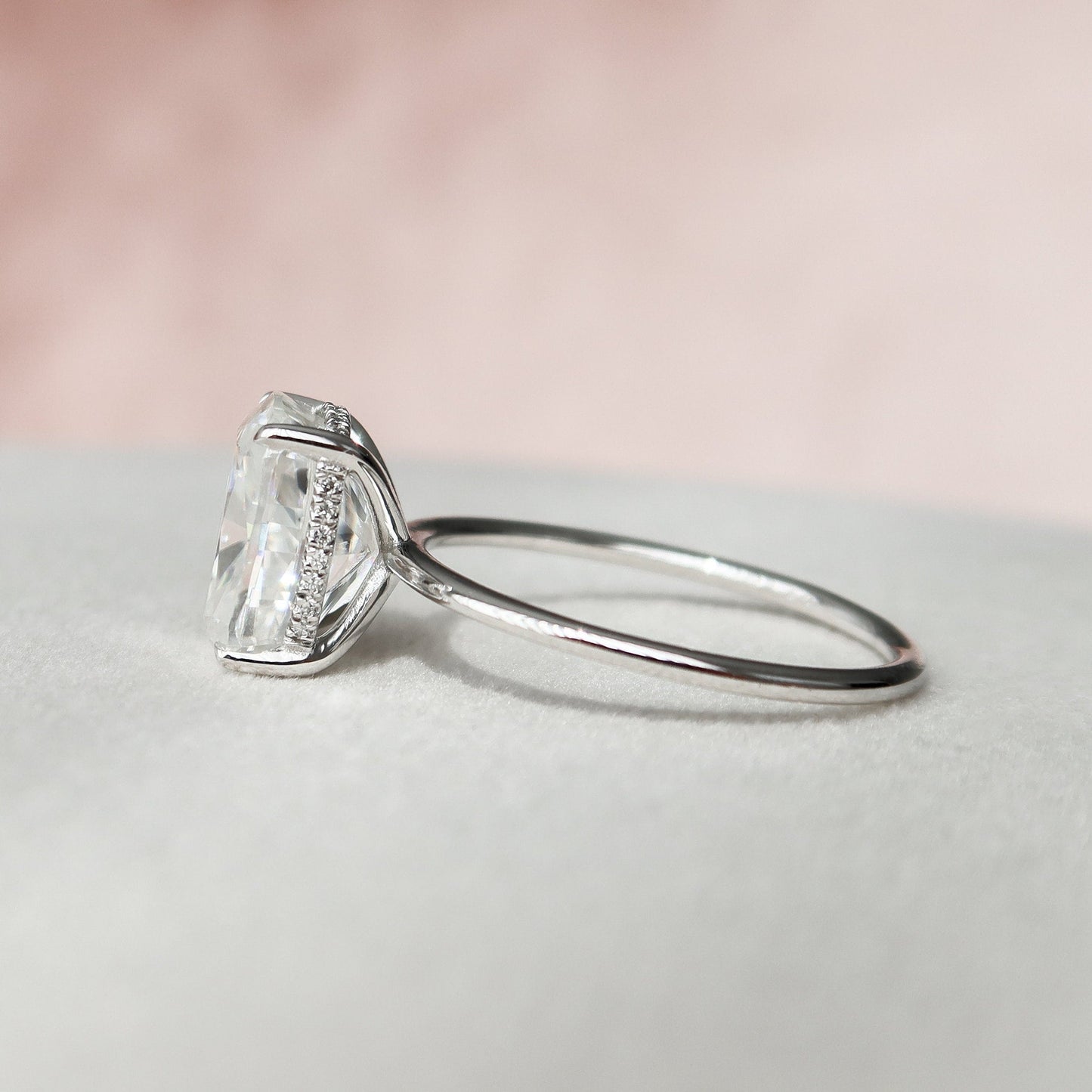 Solitaire Hidden Halo Cushion Cut Moissanite Engagement Ring