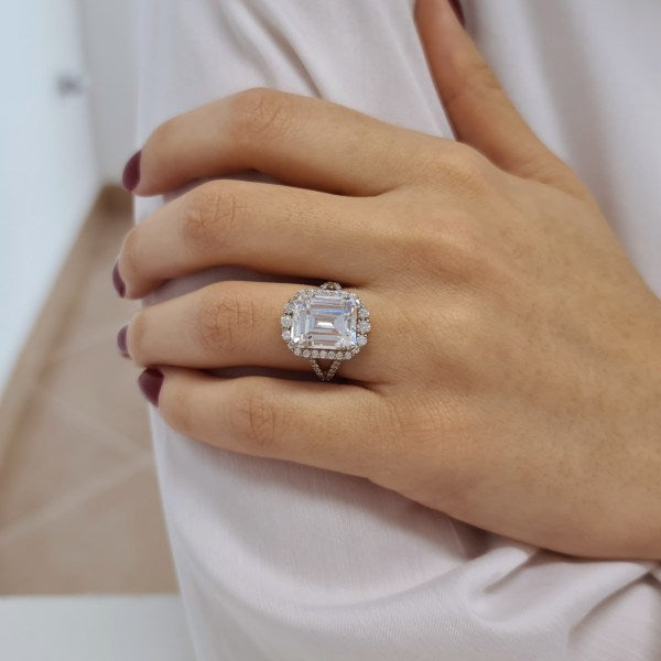 Halo Emerald Cut Moissanite Split Anniversary Ring For Her