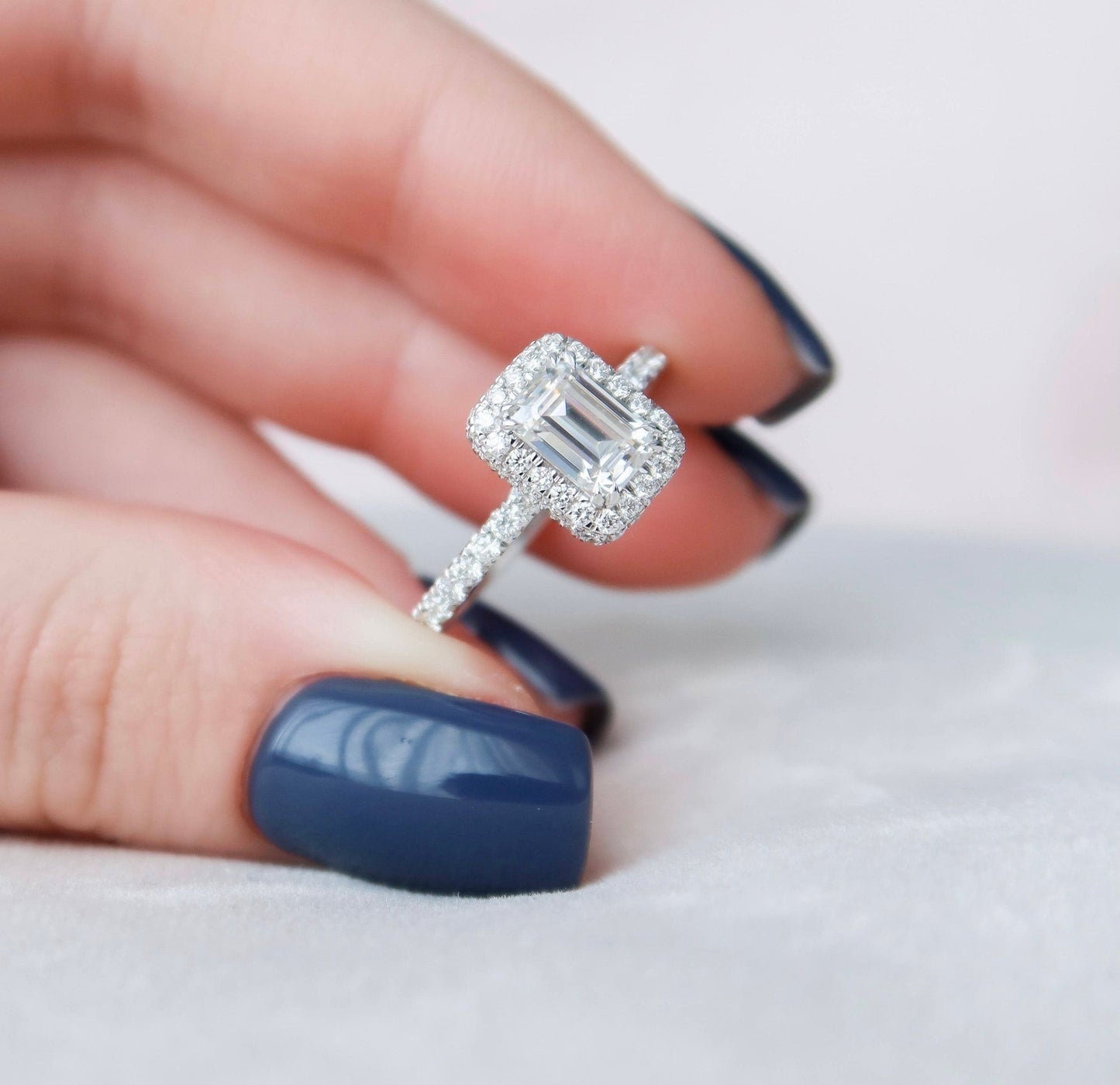 Unique Halo Emerald Cut Moissanite Engagement RIng For Her