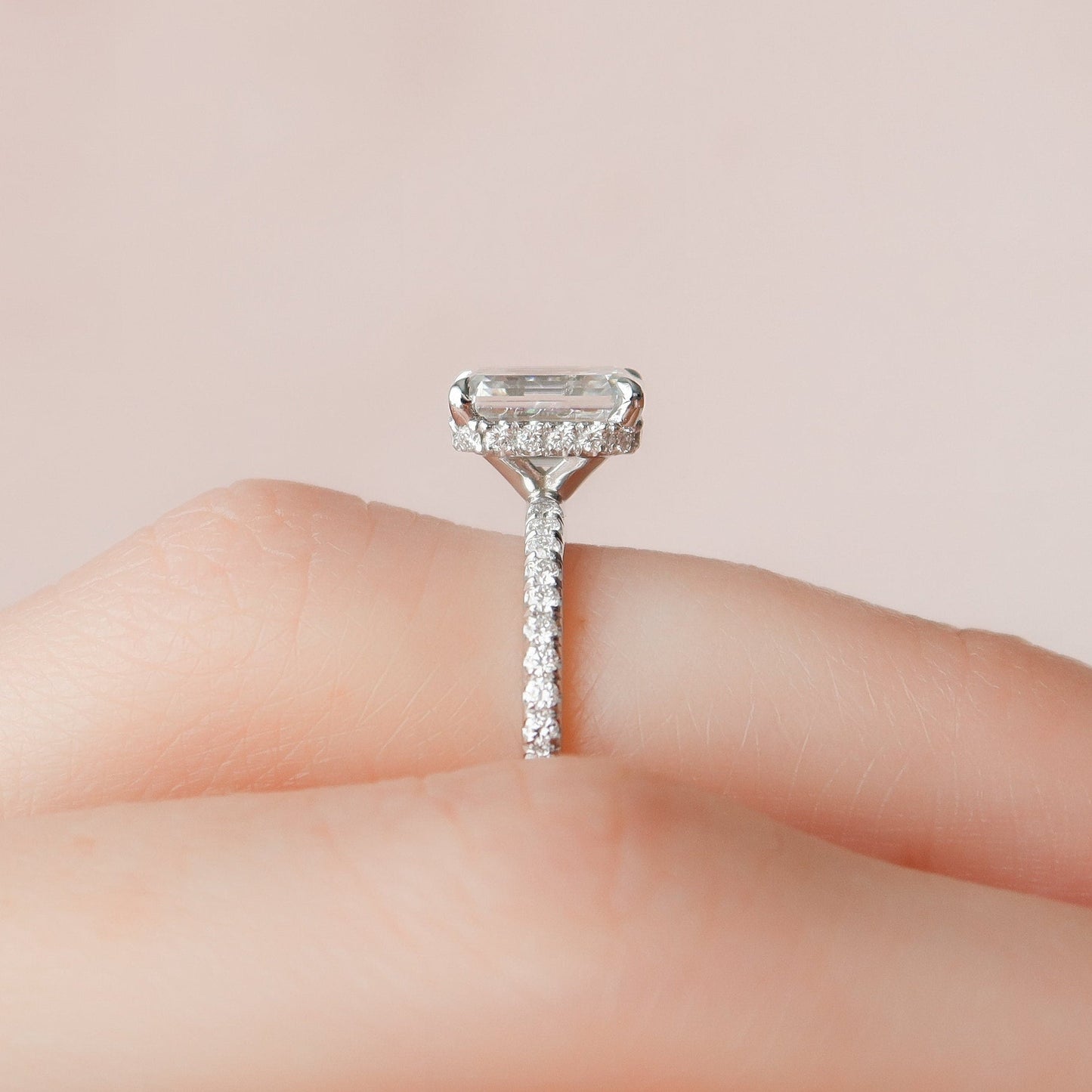 Hidden Halo Emerald Cut Moissanite Engagement Ring