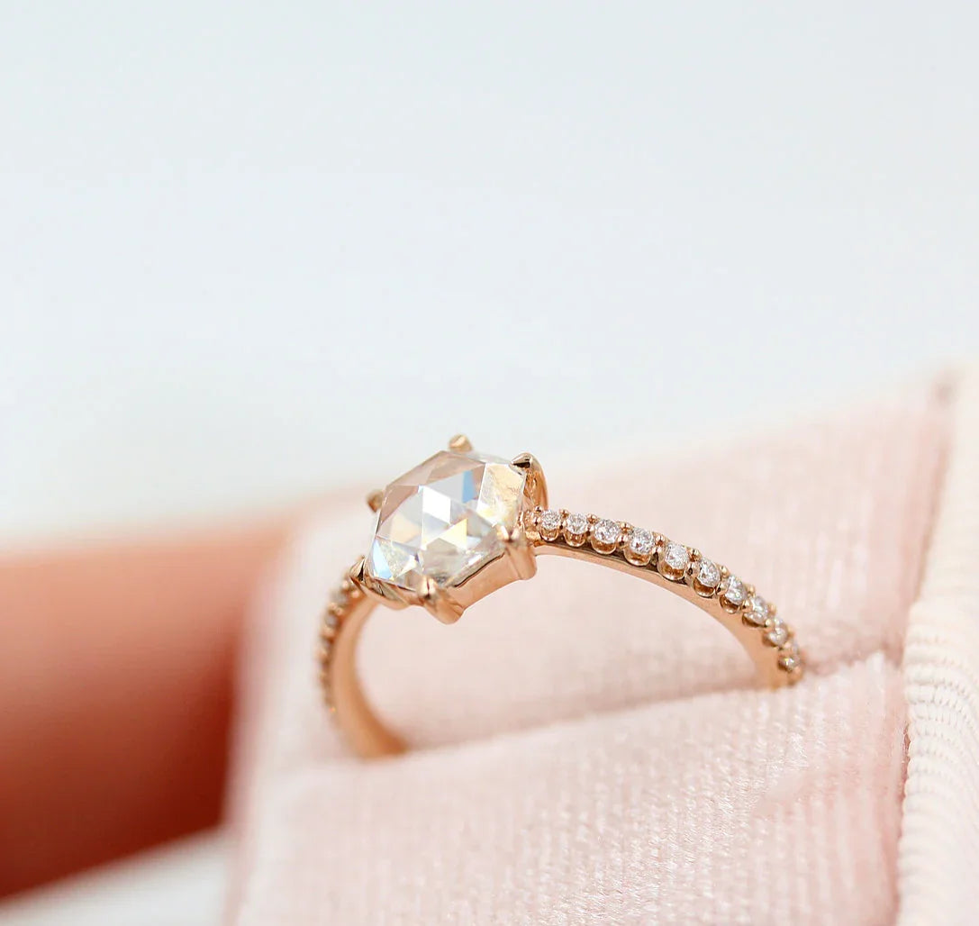Hexagon Rose Cut Pave Moissanite Diamond Engagement Ring
