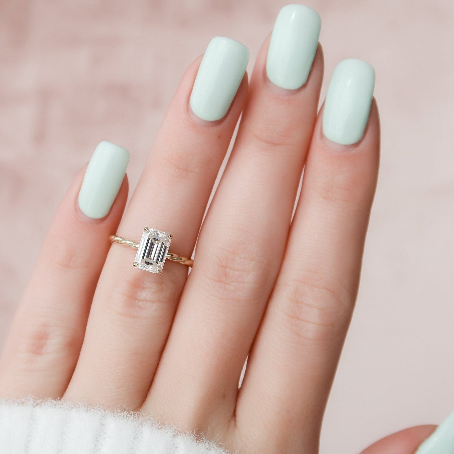 Solitaire Hidden Halo Emerald Cut Moissanite Braided Engagement Ring For Her