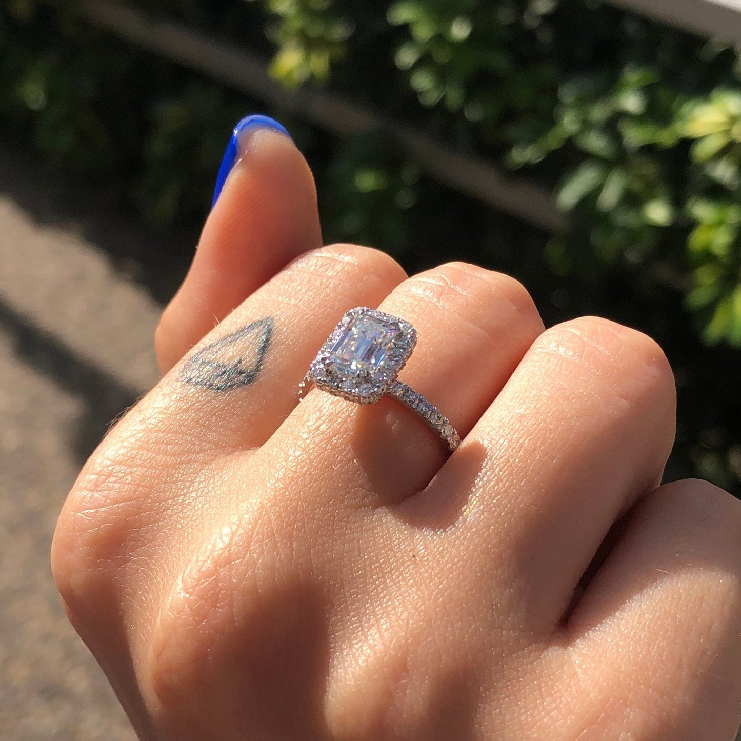 Unique Halo Emerald Cut Moissanite Engagement RIng For Her
