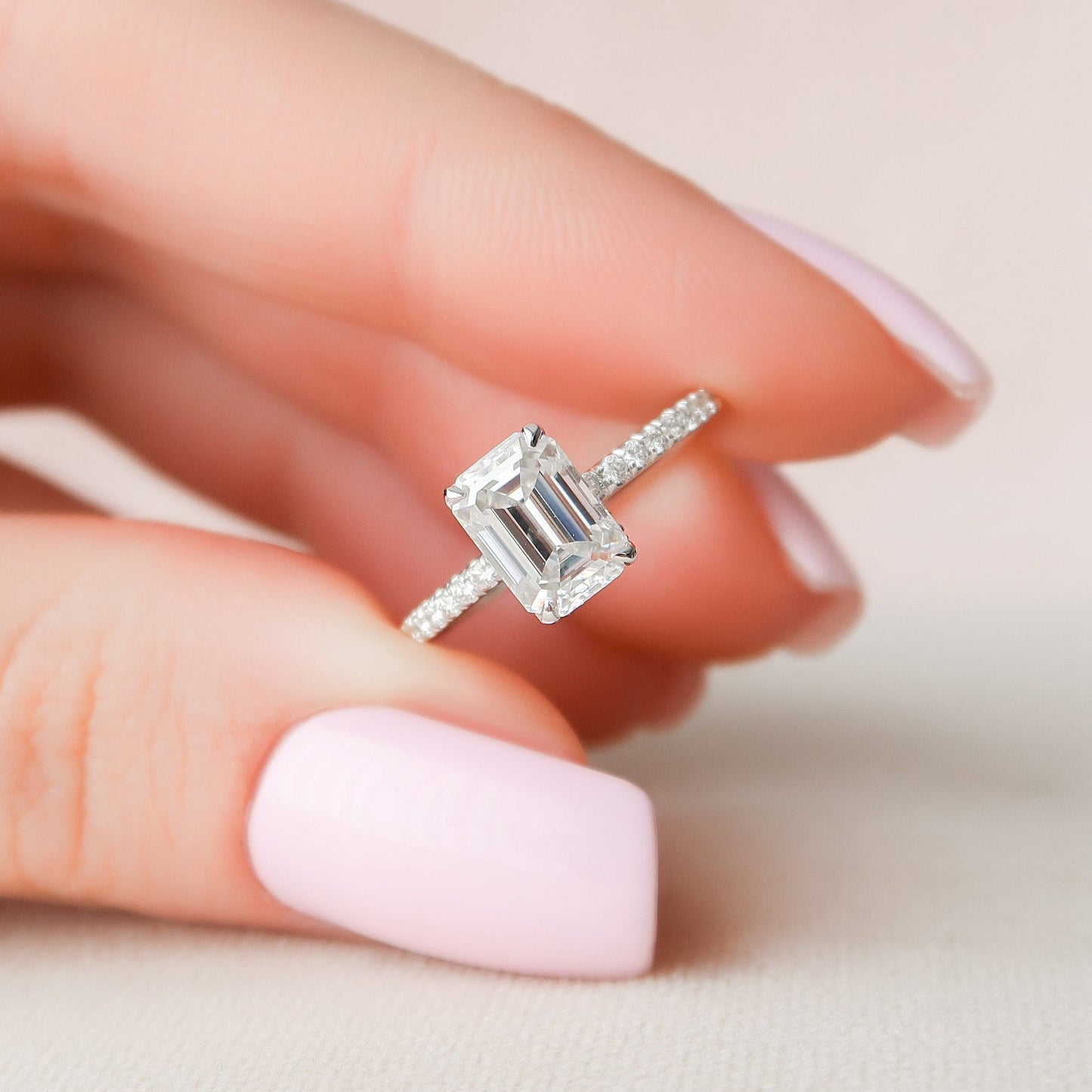 Hidden Halo Emerald Cut Moissanite Engagement Ring
