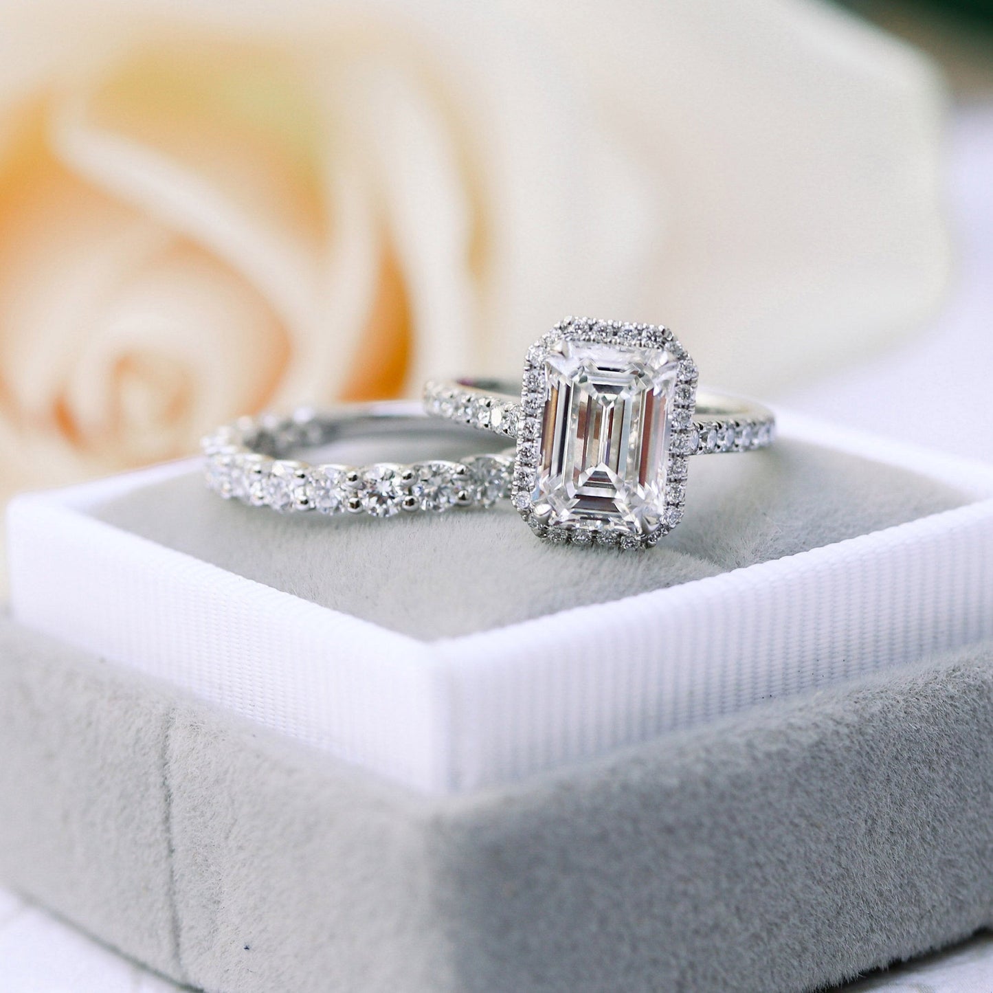 Halo Paved Emerald Cut Moissanite Anniversary RIng For Her
