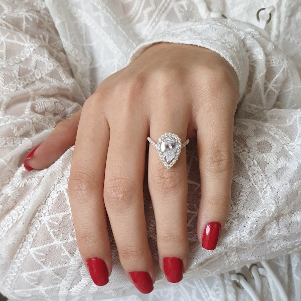 Halo Pear Cut Chevron Moissante Wedding Bridal Ring For Her