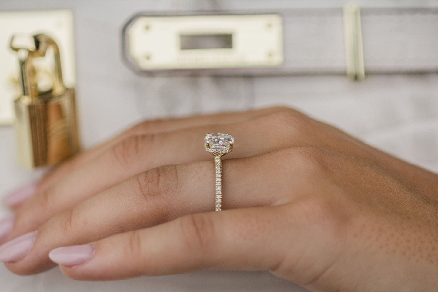 Hidden Halo Cushion Cut Moissanite Engagement Ring