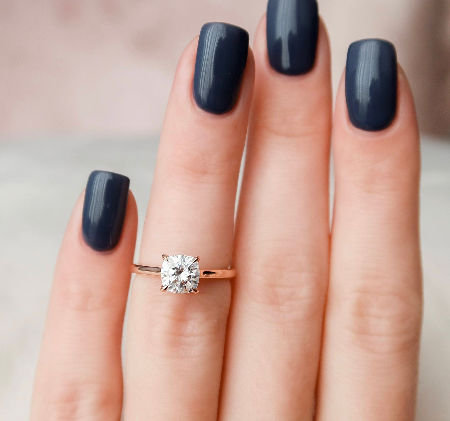 Solitaire Cushion Cut Hidden Halo Moissanite Wedding Ring