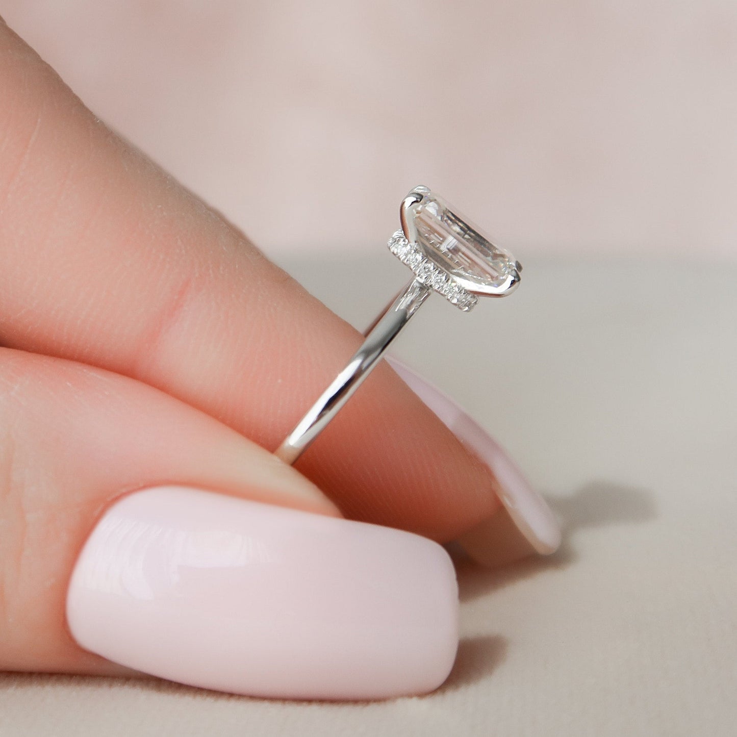 Hidden Halo Solitaire Emerald Cut Moissanite Anniversary Ring