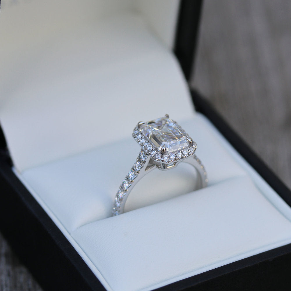 Halo Paved Emerald Cut Moissanite Anniversary RIng For Her