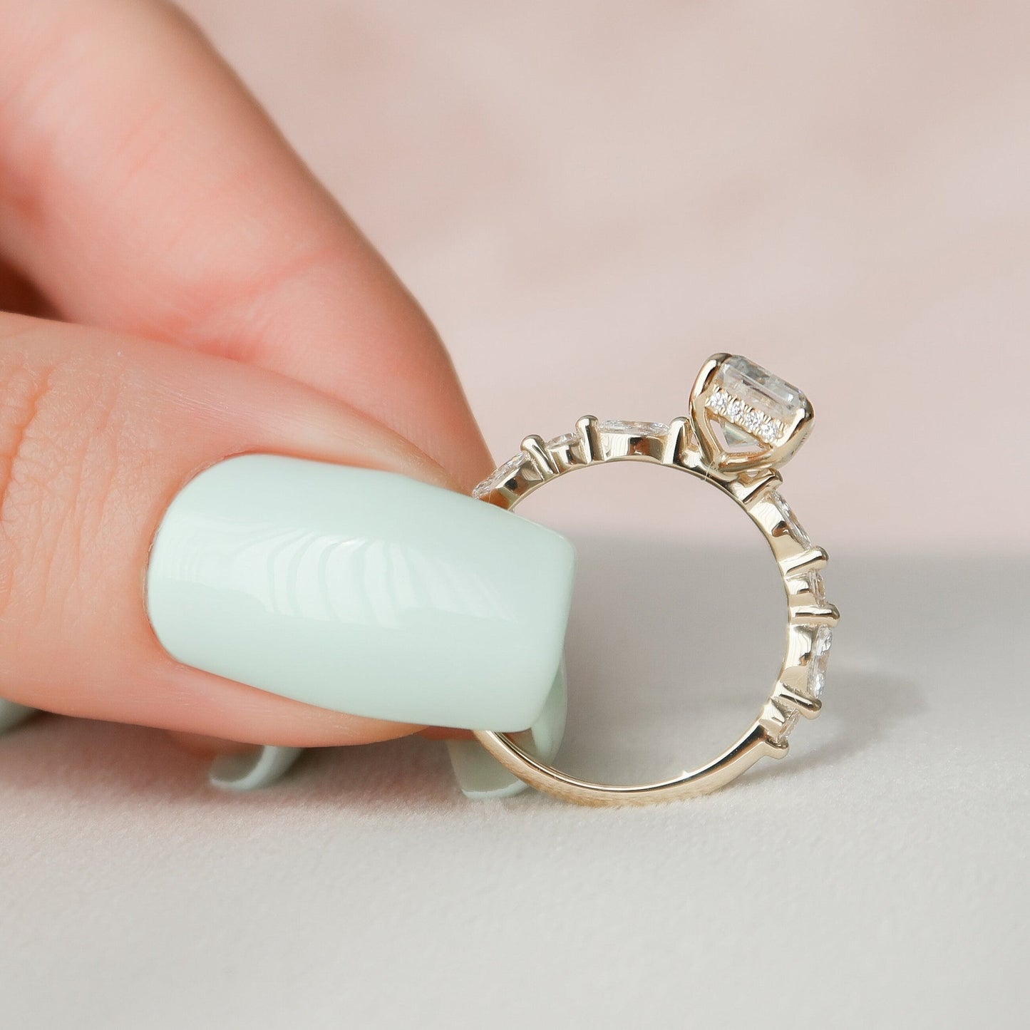 Hidden Halo Emerald Cut Moissanite Engagement Ring For Her