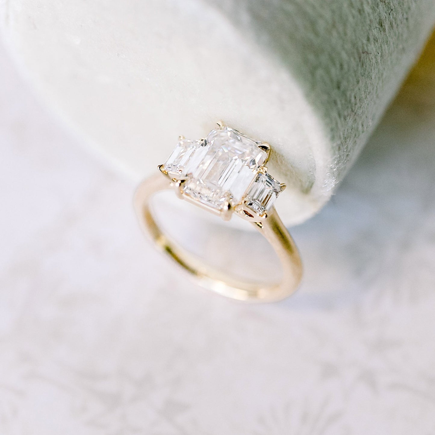 Three Stone Emerald Cut Moissanite Engagement Ring For Her
