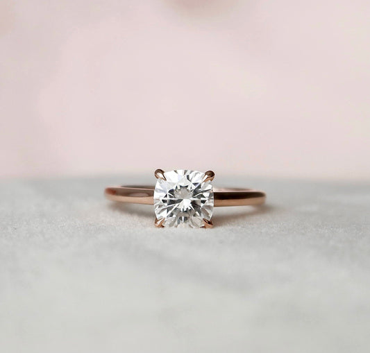 Solitaire Cushion Cut Hidden Halo Moissanite Wedding Ring